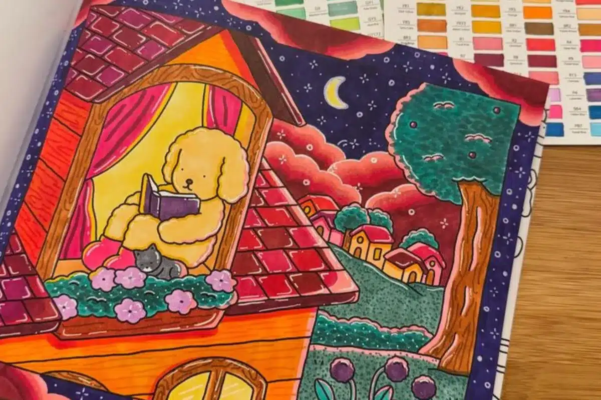 Cachorrinho lendo sob a luz da lua: Uma ilustração encantadora.