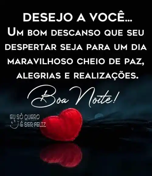 Mensagem de boa noite com coração vermelho e fundo azul.