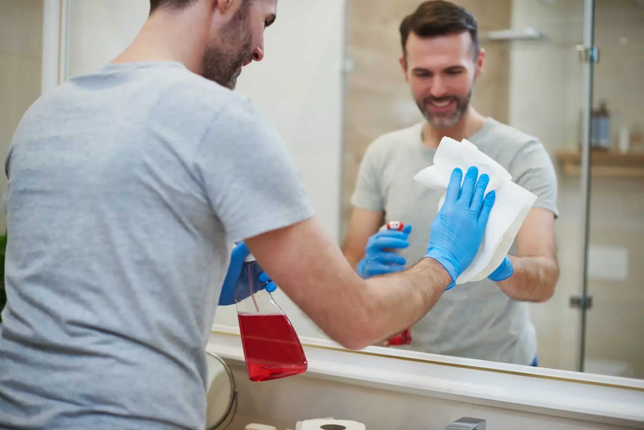 Homem limpando o vidro do box de banheiro com produto de limpeza e papel toalha.
