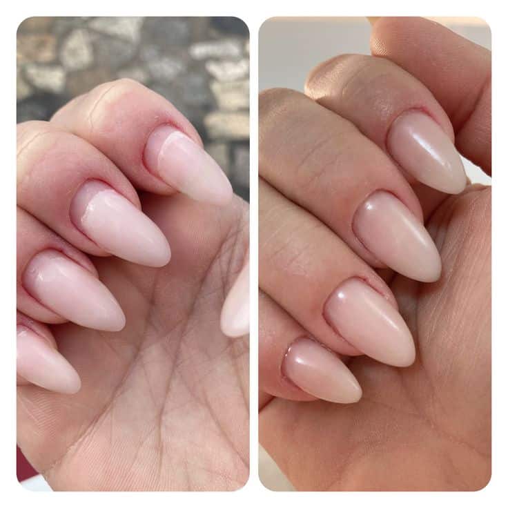 comparação de unhas em gel com sinais visíveis de desgaste e crescimento