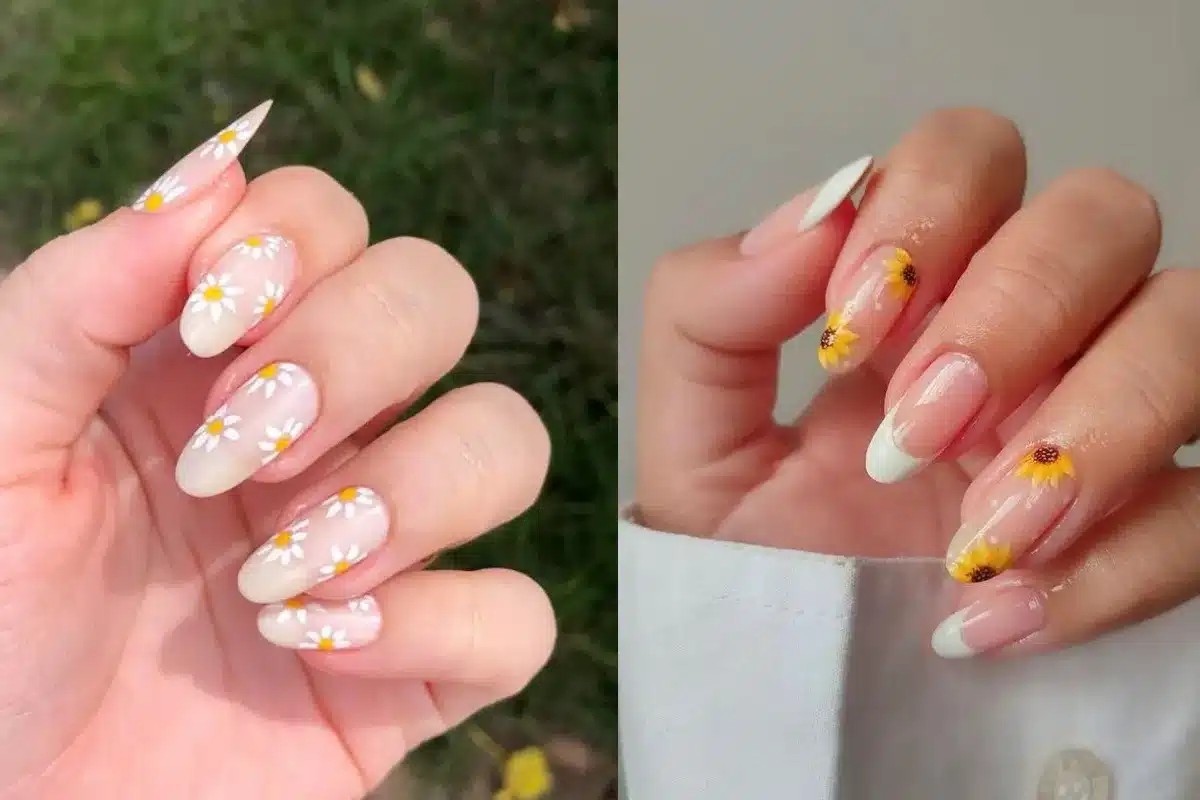 Unhas decoradas com flores de margaridas e girassóis para festa junina.