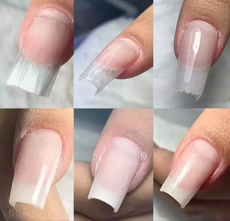 Unhas de fibra de vidro sendo moldadas passo a passo