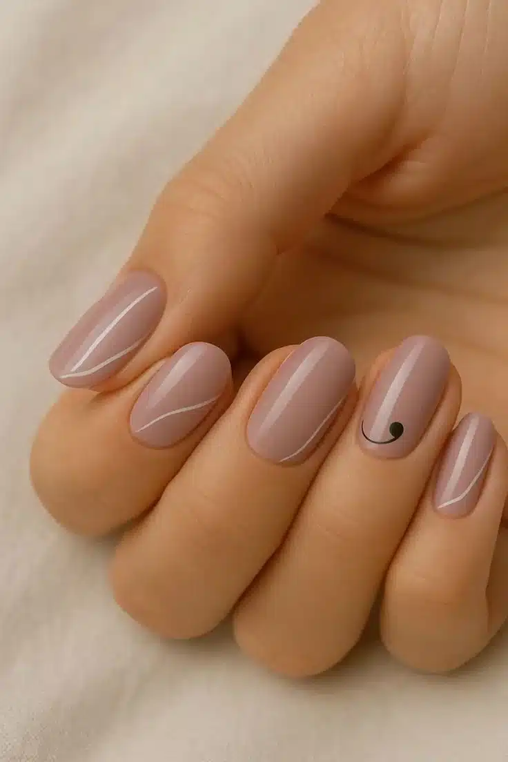Unhas nude com linhas finas e detalhe minimalista em preto