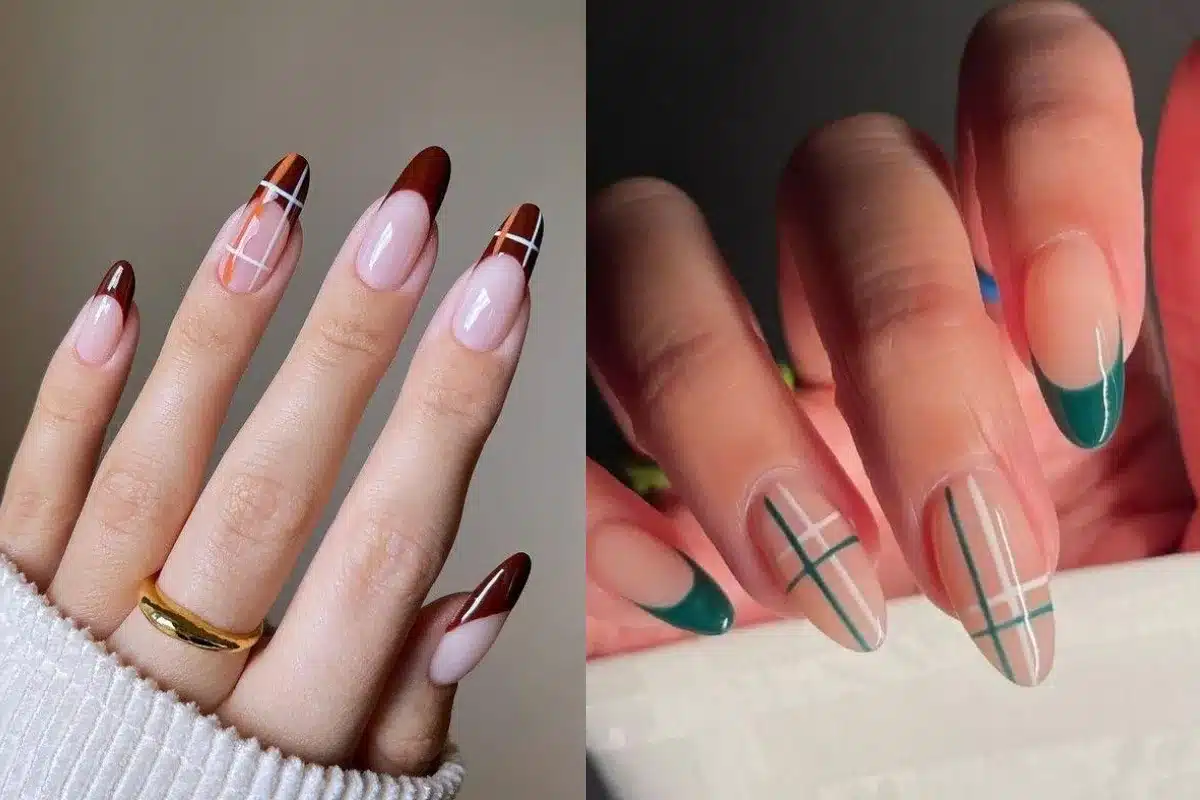 Unhas decoradas com xadrez e francesinha colorida para festa junina.