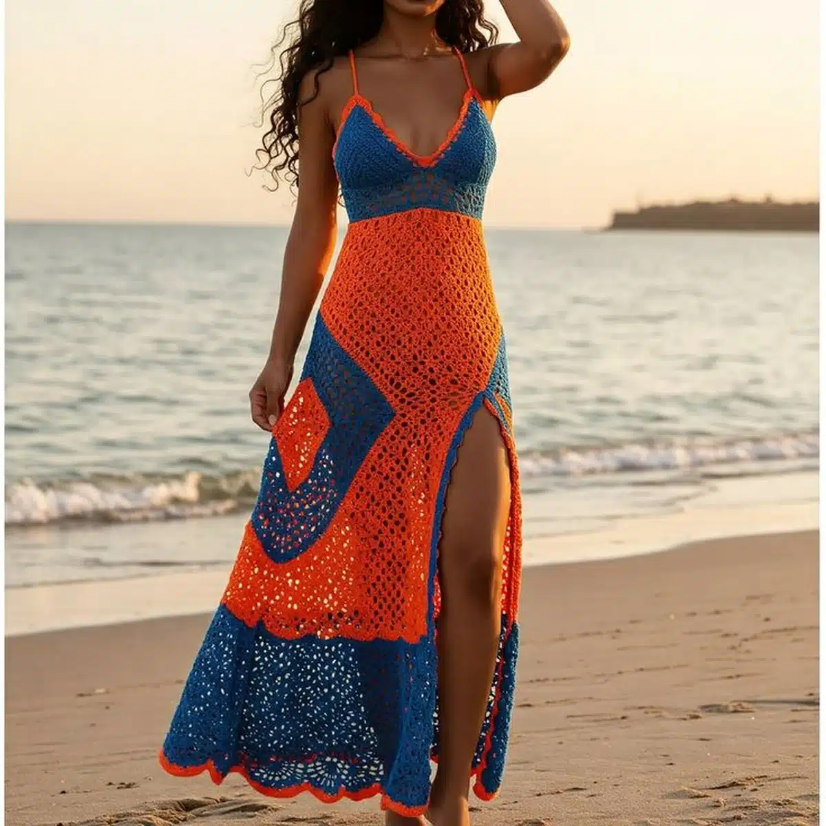 Mulher vestindo vestido longo de crochê laranja e azul com fenda lateral, em cenário de praia ao pôr do sol.