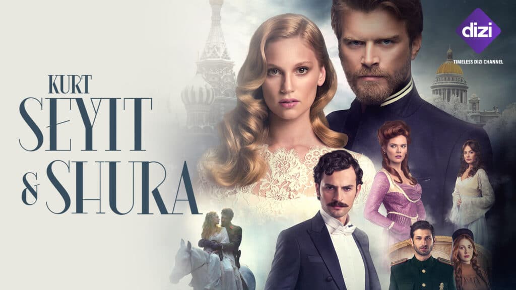 Cena promocional da série turca Kurt Seyit & Shura com personagens em destaque