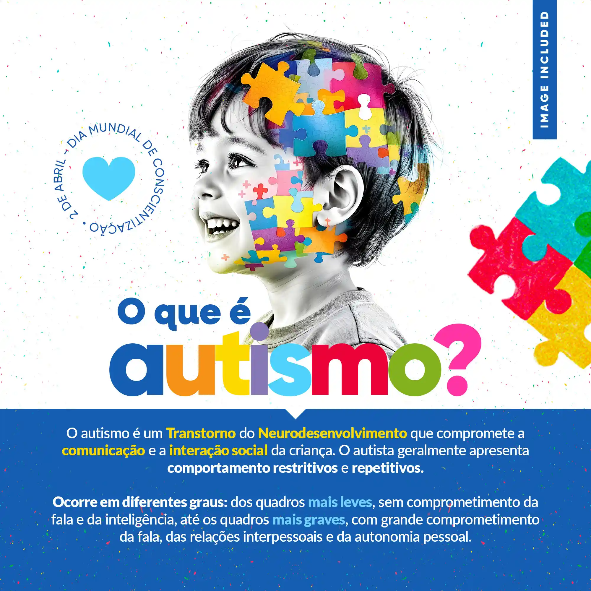 Criança sorrindo com peças de quebra-cabeça coloridas na cabeça, representando o autismo.