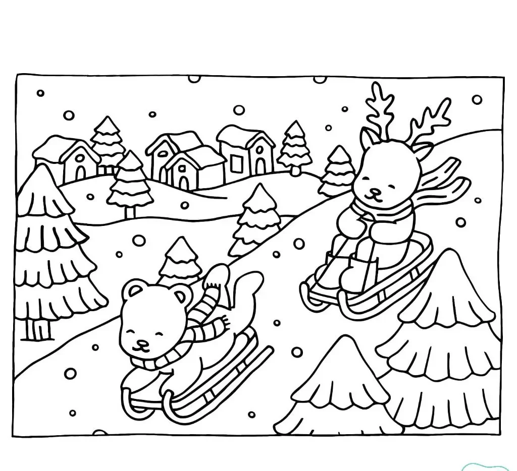 Urso e rena se divertindo com trenós em um cenário de Natal com árvores de Natal e casas ao fundo.