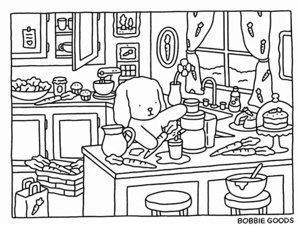 Ilustração de Bobbie Goods em casa preparando algo na cozinha com uma cesta de cenouras ao lado.