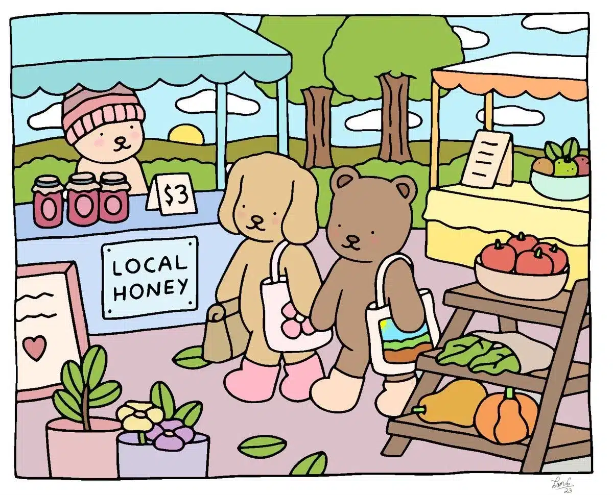Desenho fofo de ursos e um cachorro no mercado local com uma barraca de mel, frutas e legumes.