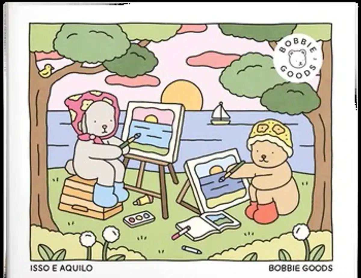 Desenho de dois ursos pintando à beira-mar, com um cenário de pôr do sol e barco no fundo.