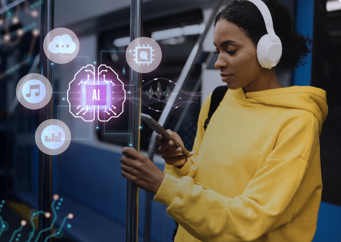 Mulher usando aplicativo com inteligência artificial no celular dentro do metrô