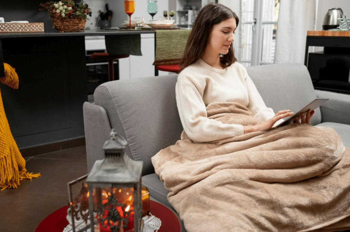 Mulher usando manta no sofá para se aquecer durante o frio em casa