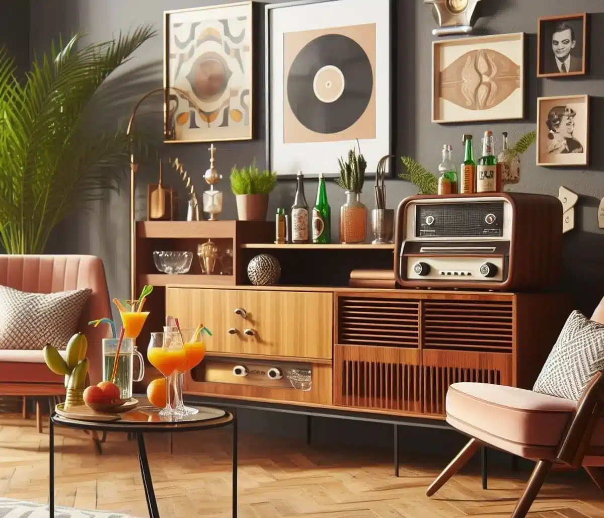 Sala de estar com decoração retrô e moderna, com móveis de madeira e bebidas coloridas.