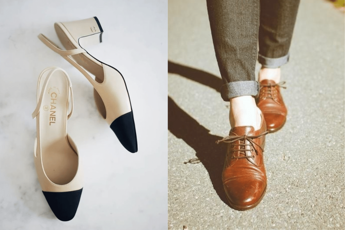 Sapatos bicolor e oxford representando tendências dos anos 80