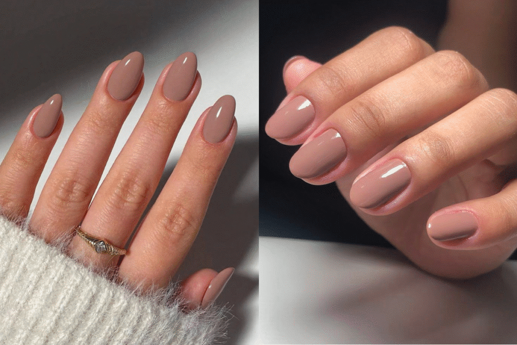 Unhas nude curtas e arredondadas com acabamento brilhoso e elegante