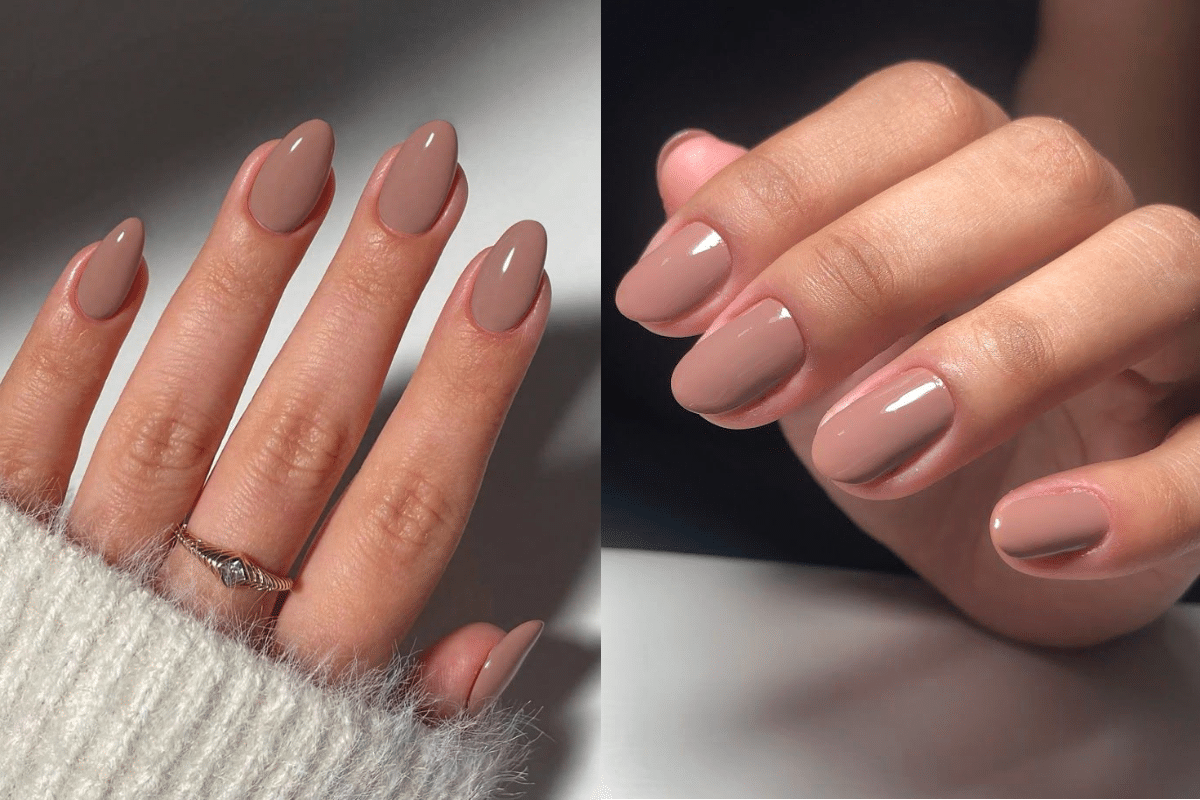 Unhas nude curtas e arredondadas com acabamento brilhoso e elegante