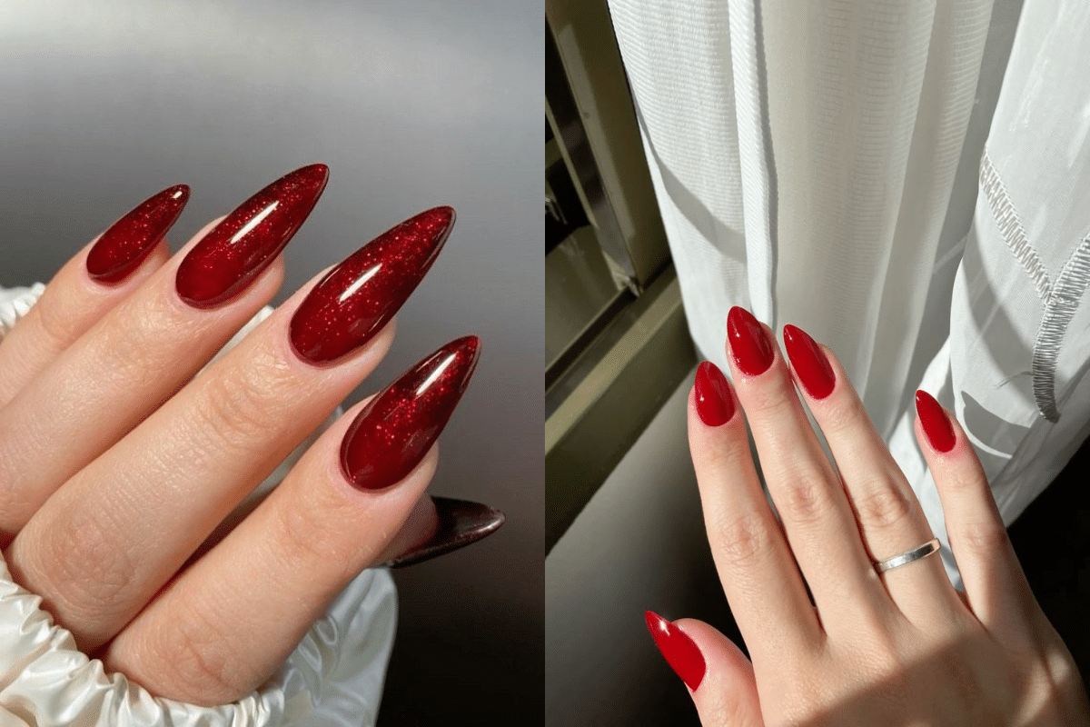 Unhas vermelhas decoradas em diferentes estilos: com glitter e acabamento clássico