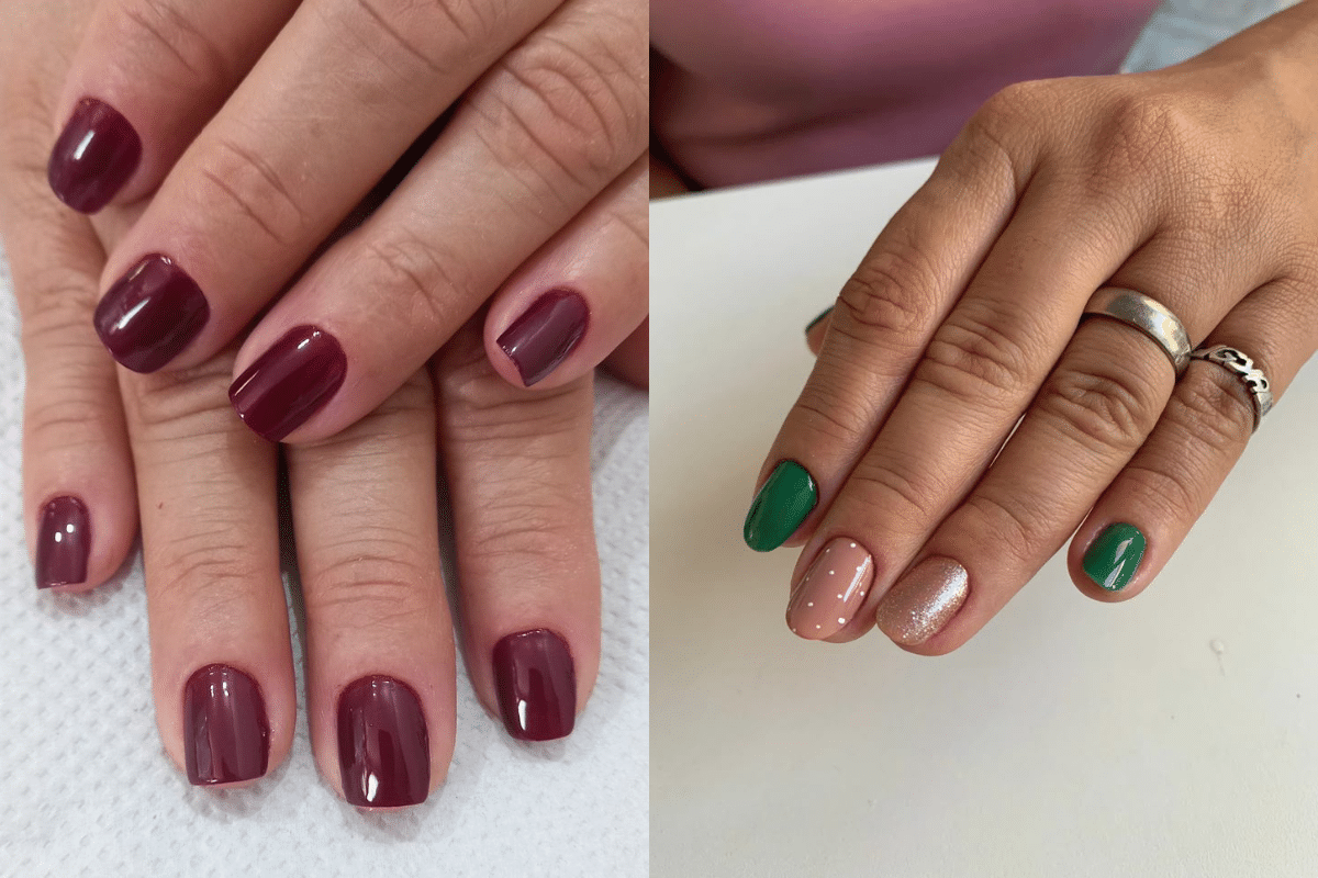 Unhas decoradas com esmaltação bordô e design moderno com verde e glitter