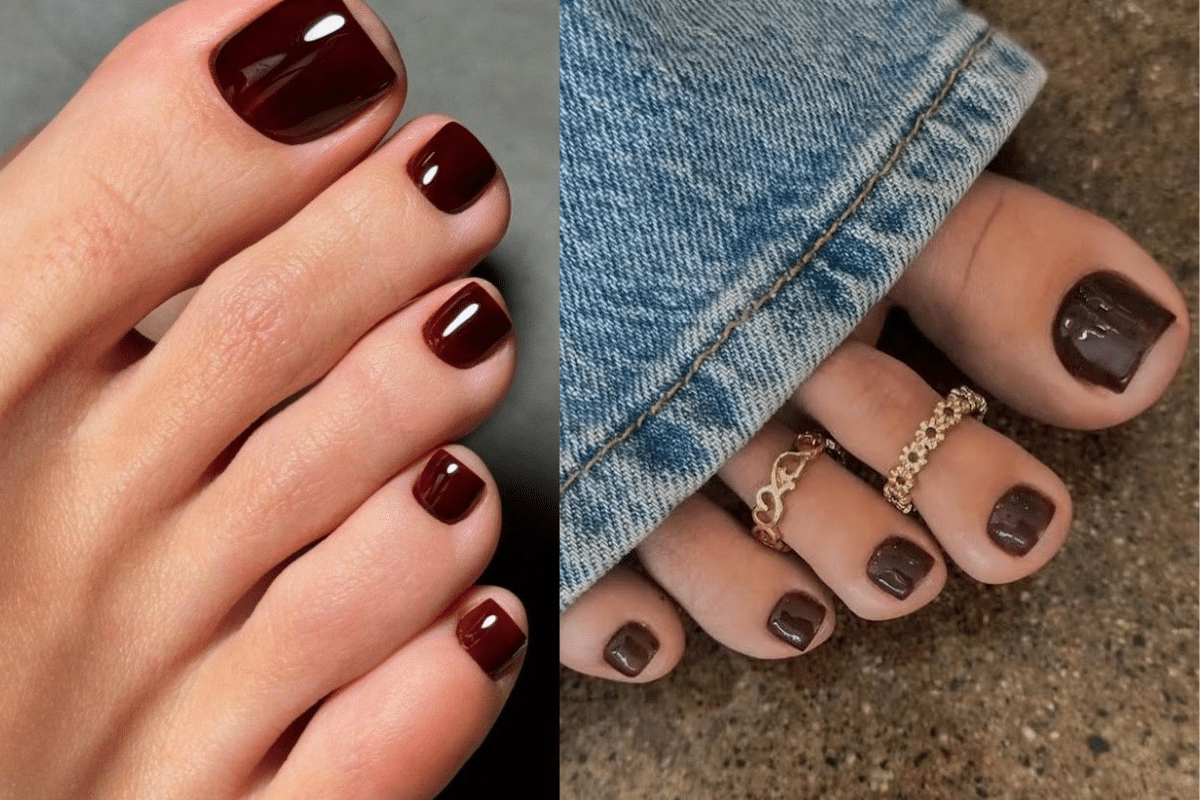 Unhas dos pés com esmaltes vinho e marrom cacau, tendências do inverno