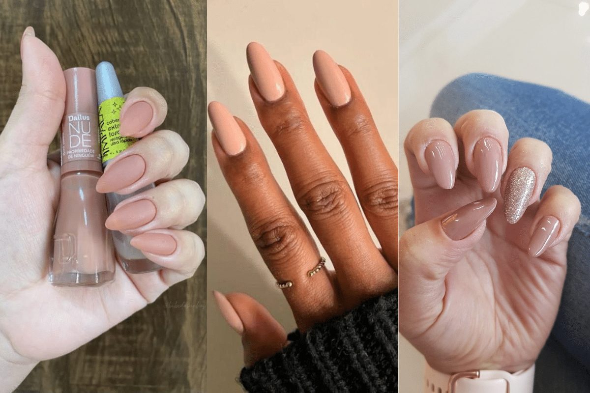 Três estilos de unhas com esmaltes neutros e acabamento delicado