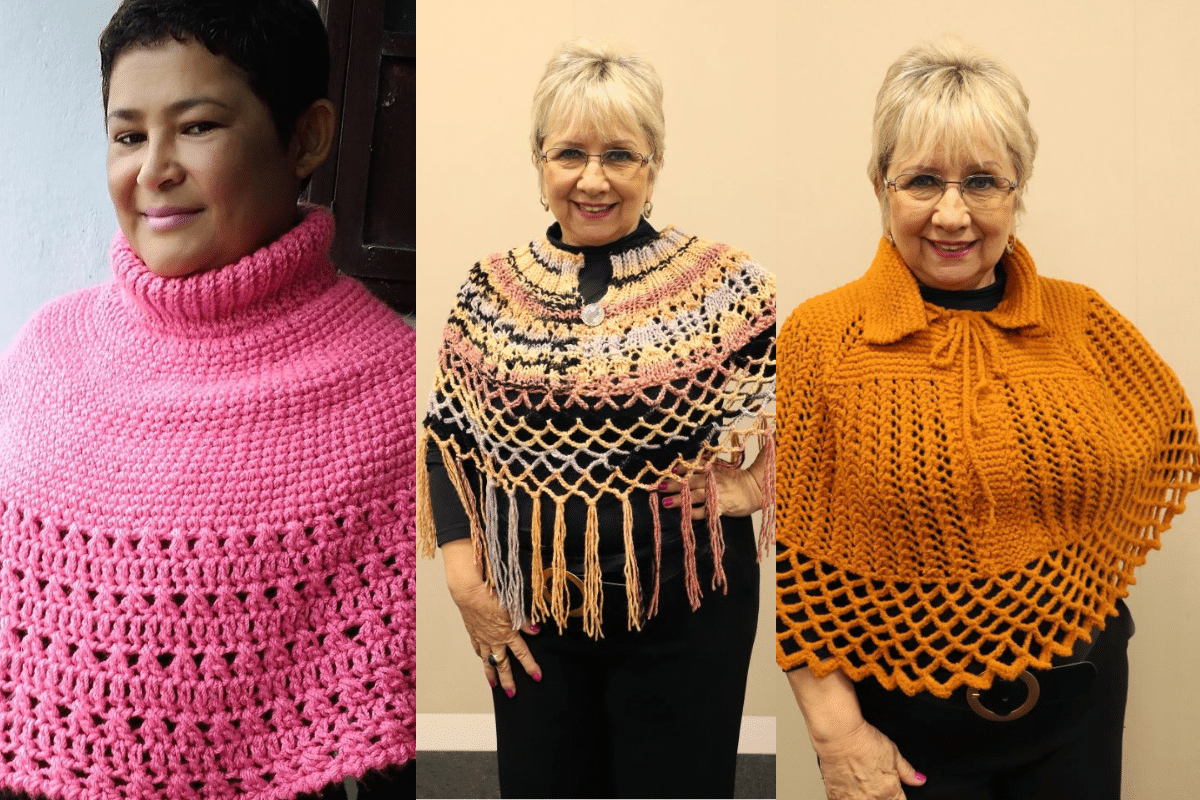 Três modelos diferentes de pelerine de crochê para o inverno