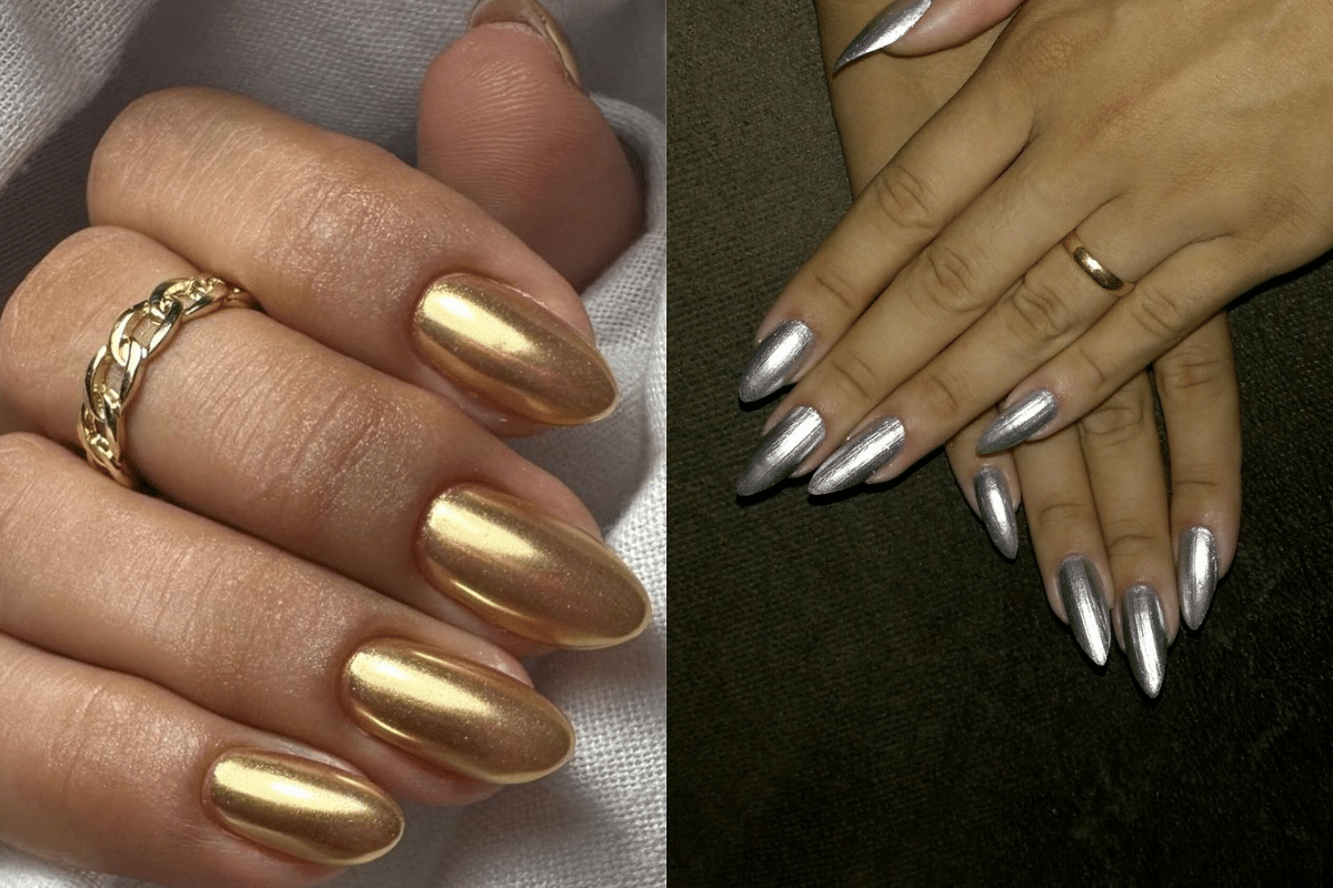 Unhas metálicas douradas e prateadas em destaque com acabamento espelhado e elegante