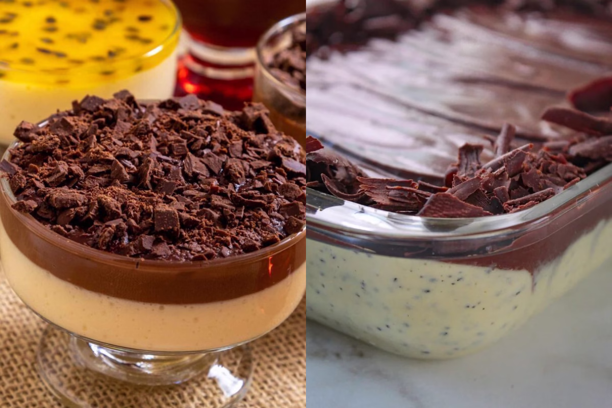 Montagem com duas sobremesas cremosas com chocolate, servidas em taça e travessa de vidro.