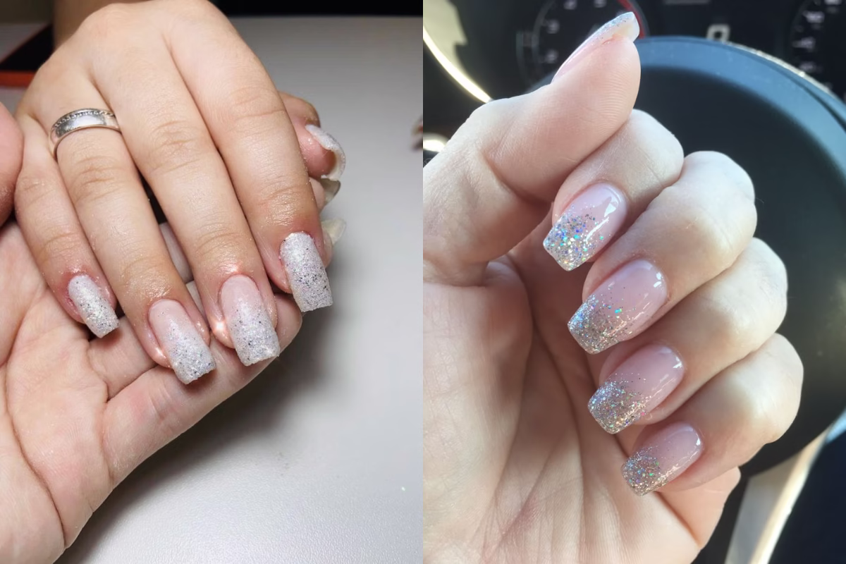 Unhas com esmalte glitter elegante em estilo degradê discreto