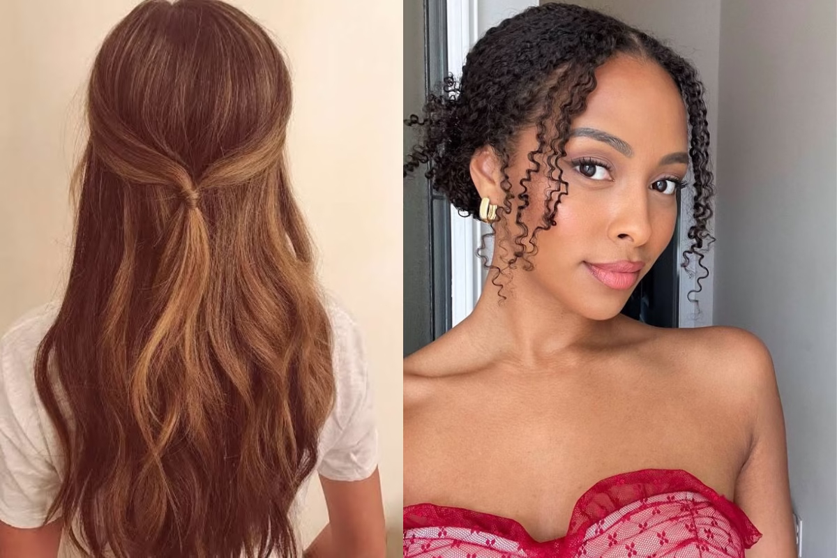 Dois exemplos de penteados fáceis: meio preso em cabelo liso e coque com fios soltos em cabelo cacheado
