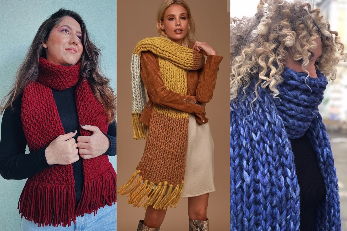 Cachecol de crochê grosso em diferentes cores e estilos, ideal para dias frios