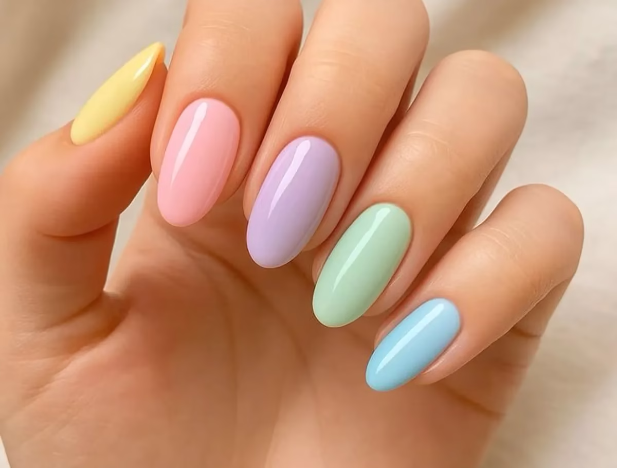 Unhas de esmalte pastel em tons suaves de amarelo, rosa, lilás, verde e azul, combinando com a tendência de cores delicadas e vibrantes.