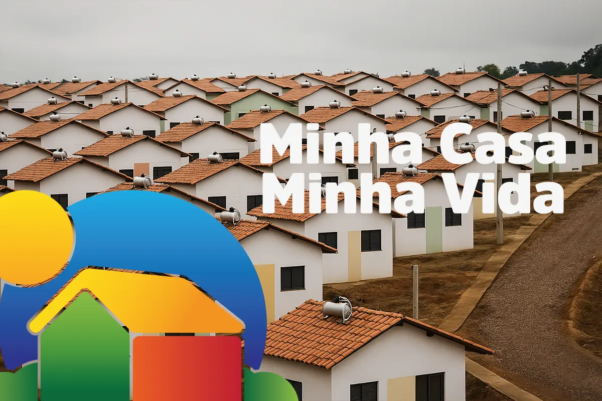 Imagem de várias casas do programa Minha Casa, Minha Vida, com telhados vermelhos e fachadas brancas, destacando uma grande área residencial.