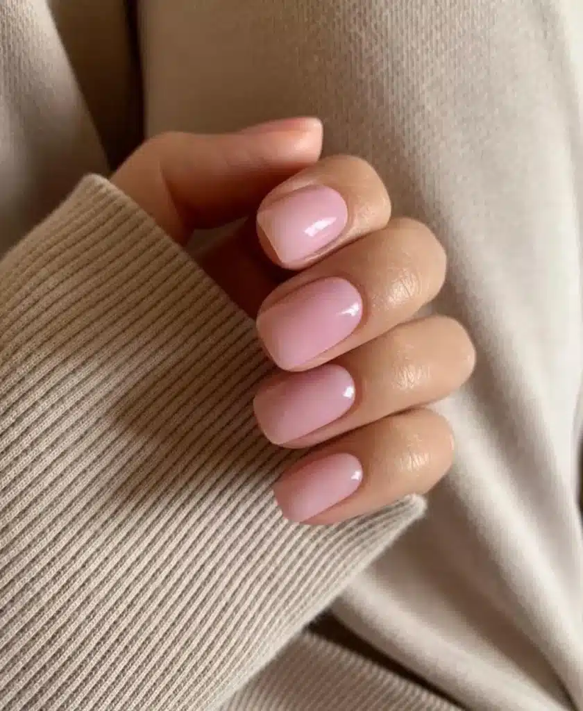Unhas rosa blush delicadas, com acabamento suave e elegante, destacando a beleza discreta e sofisticada.