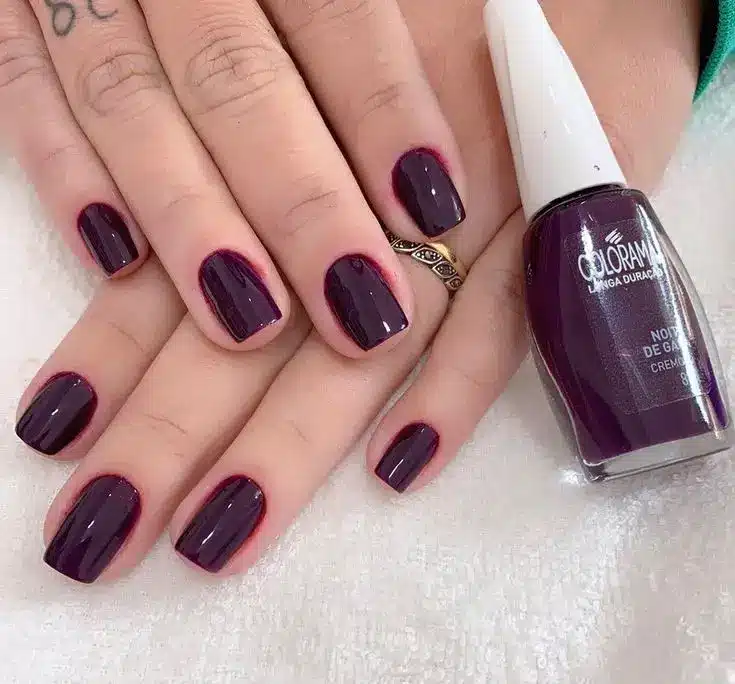 Unhas pintadas de roxo berinjela, combinando sofisticação e mistério.