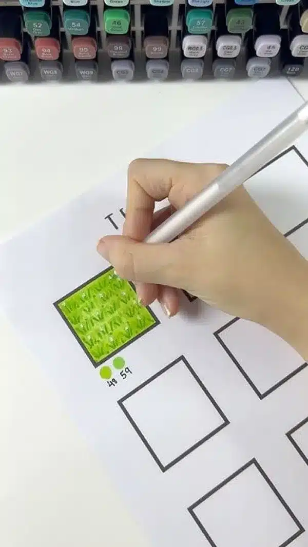 Ilustração detalhada de textura de grama, mostrando uma seção preenchida com diferentes tons de verde.