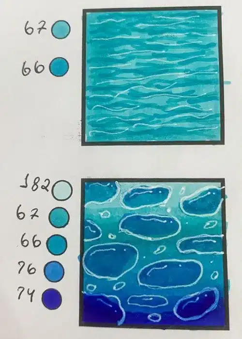 Texto mostrando diferentes texturas de água em pintura com tinta, inspirado nas obras de Bobbie Goods.