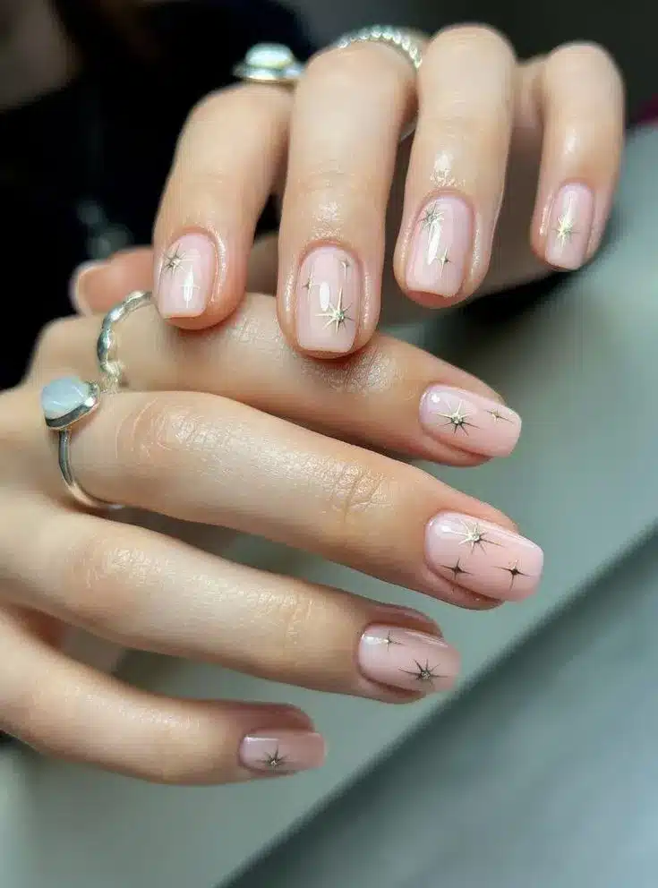 Unhas minimalistas com decoração de estrelas para eventos sociais e festas