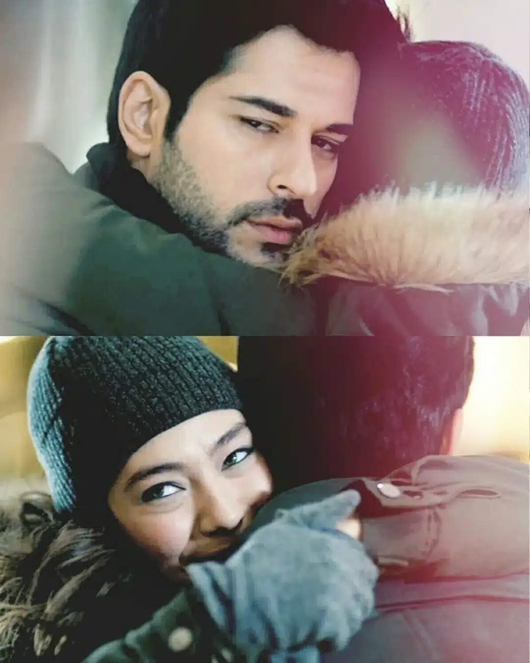 Casal da novela turca em um abraço cheio de emoção.