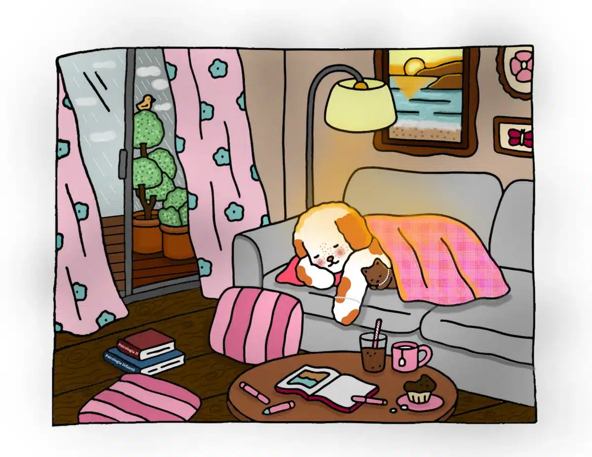 Ilustração aconchegante com iluminação suave em estilo Bobbie Goods