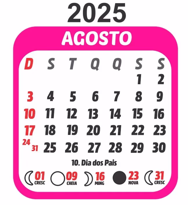 Calendário de agosto de 2025 com as fases da lua e datas importantes
