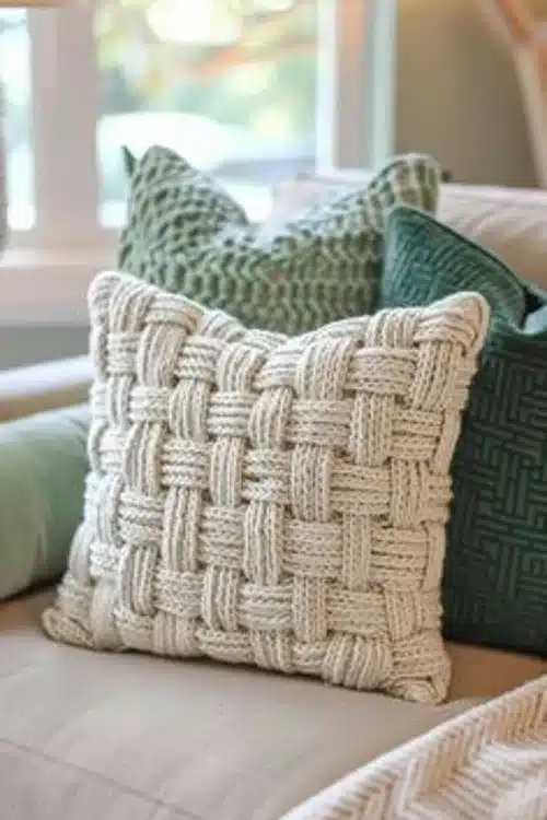 Almofada de crochê entrelaçado com padrão geométrico tridimensional, ideal para sofás.