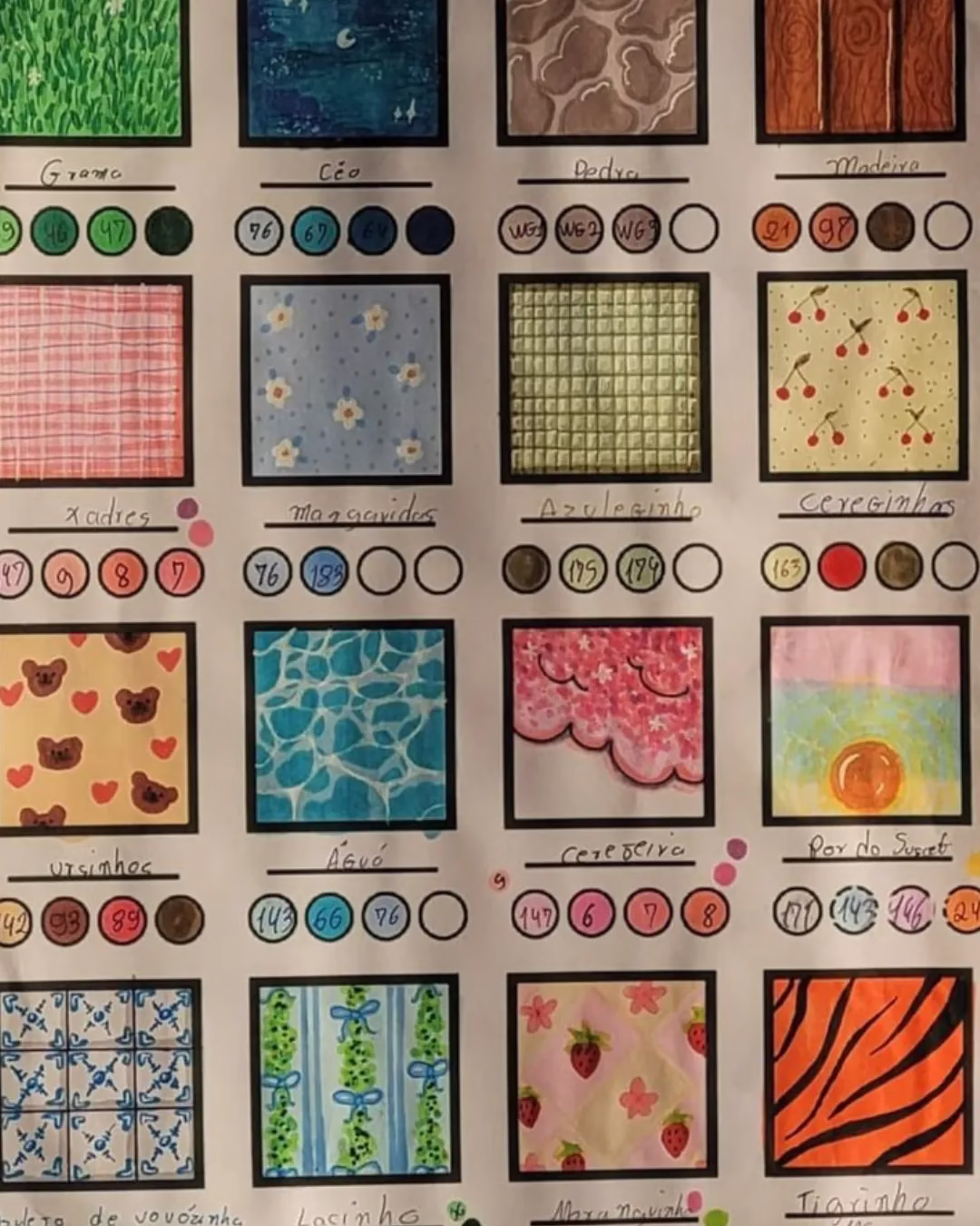 Cartela de padrões e combinações de cores com marcadores Touch para colorir.