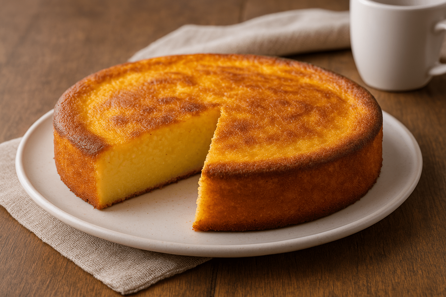 Bolo de fubá cremoso pronto servido sobre a mesa.