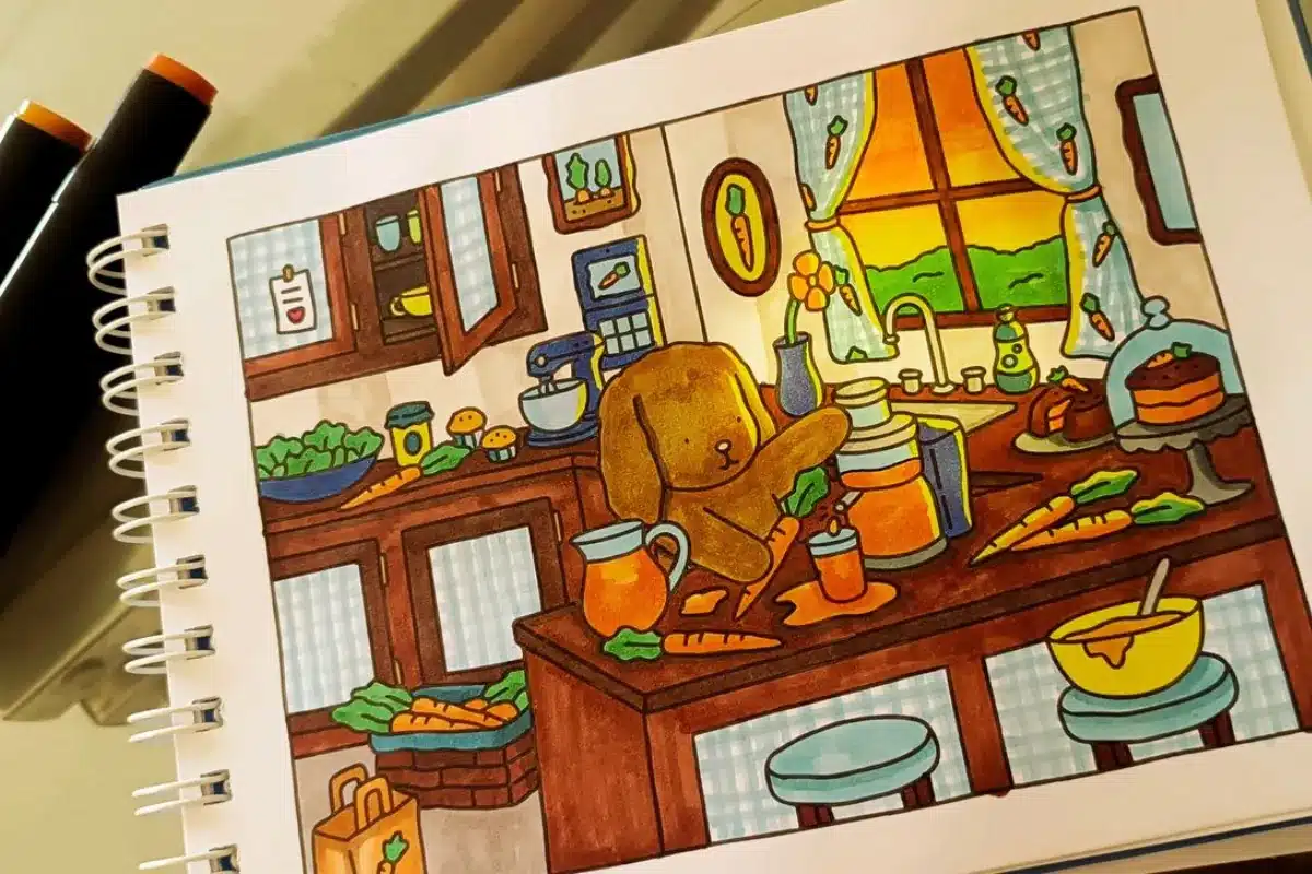 Cena colorida de um cachorro em uma cozinha preparando receitas com cenouras, inspirada no livro Bobbie Goods.
