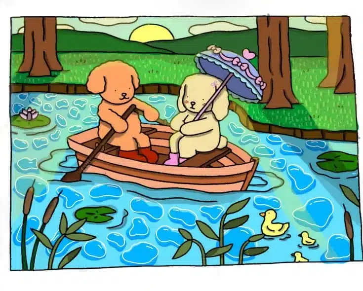 Ilustração de dois cães em um barco, navegando por um lago rodeado por vegetação verde