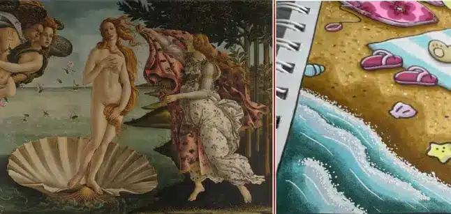 Comparação entre 'O Nascimento de Vênus' de Botticelli e pintura contemporânea de Bobbie Goods com tema de praia.