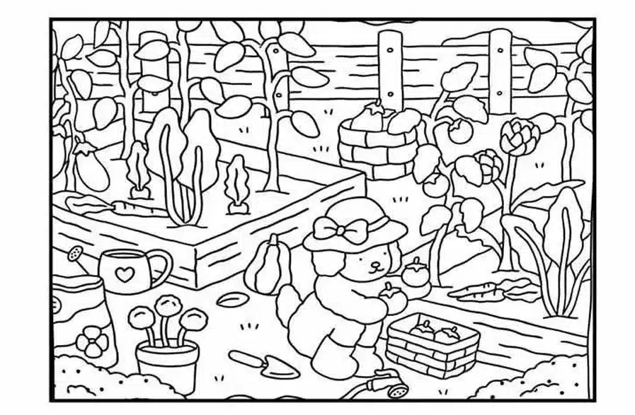 Bobbie Goods no jardim colhendo frutas e cuidando das plantas.