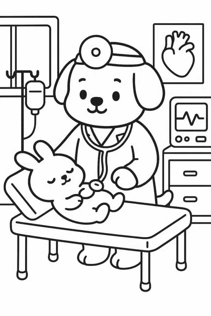 Cachorrinho médico com estetoscópio cuidando de um coelho em uma clínica veterinária.