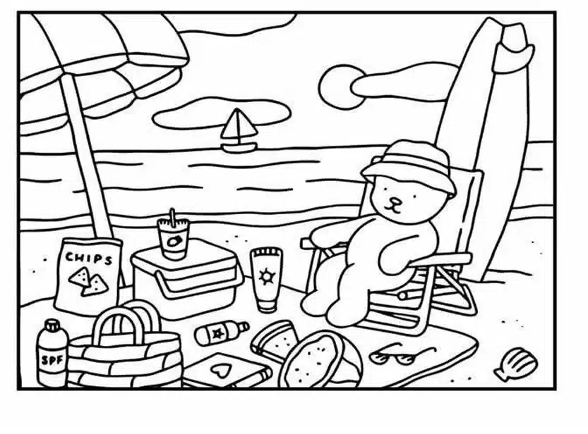 Bobbie Goods: Aproveitando o verão na praia, com chapéu e relaxando em uma cadeira.